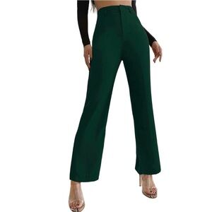 Women's Dark Green Solid High Waist Suit Pants (Size: M)